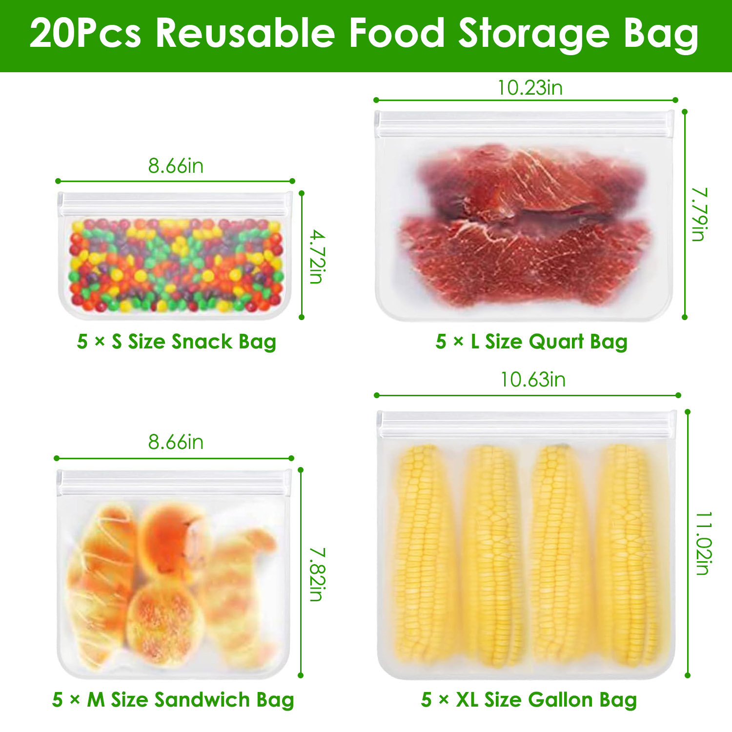 20Pcs Reusable Food Storage Bags 5 Sandwich Snack Gallon Quart Bag Leakproof BPA Free Food Container - Image 9