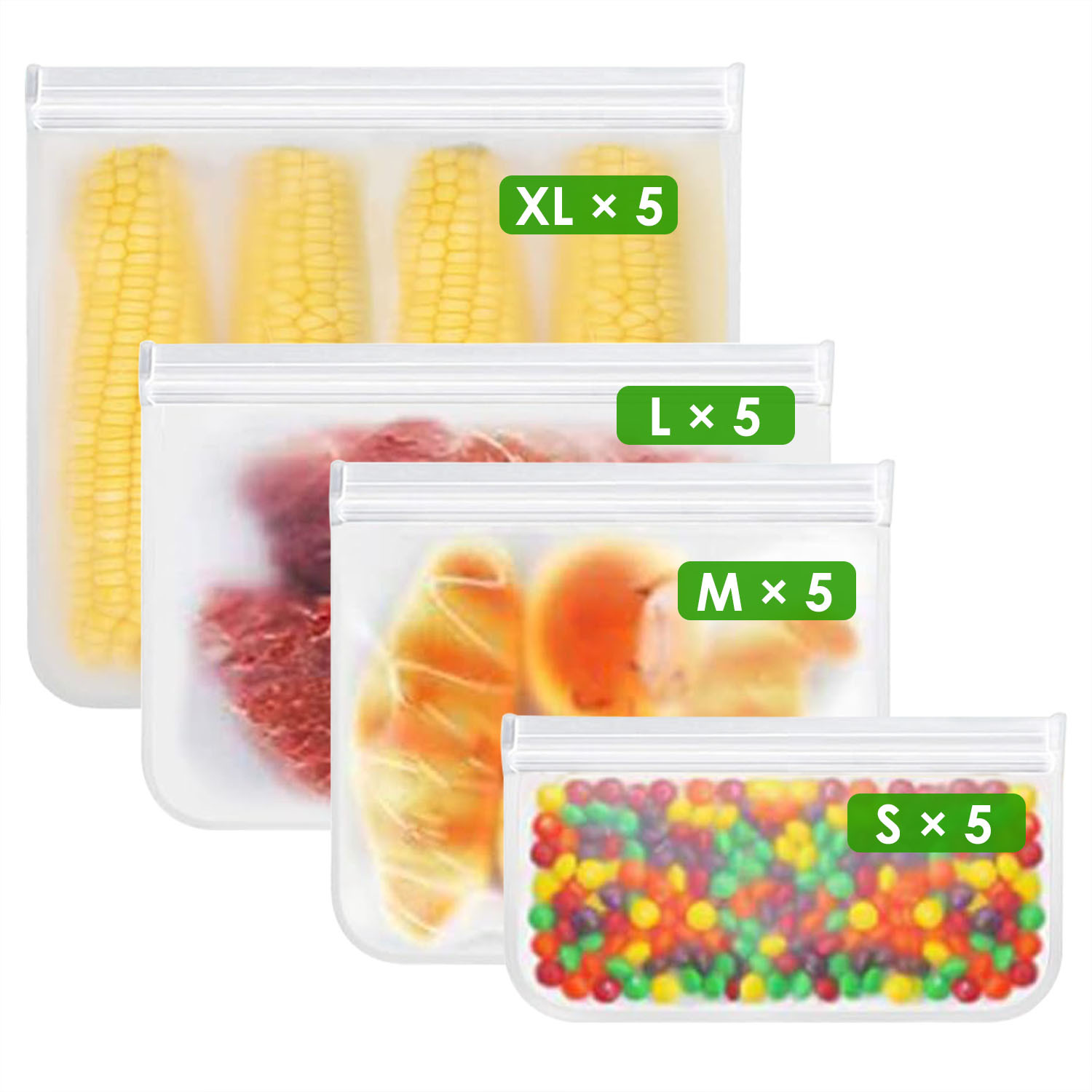 20-pack reusable silicone food storage bags in multiple sizes