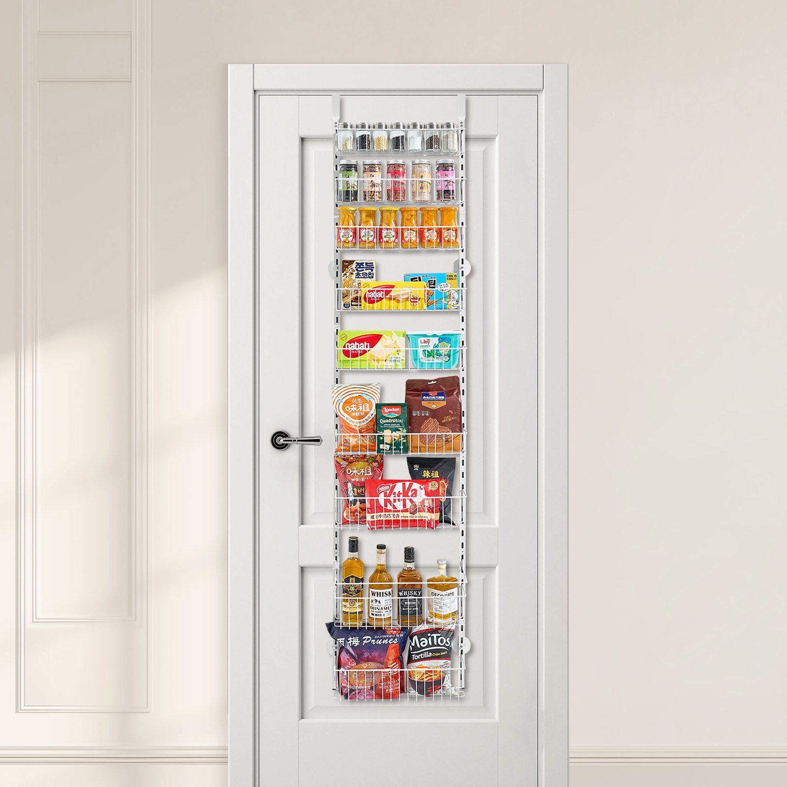 Over-the-door 9-tier pantry organizer fully loaded with items
